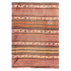 5.8x7.8 Ft Vintage Striped Pattern Turkish Kilim Rug. Flat-Weave Wool Carpet