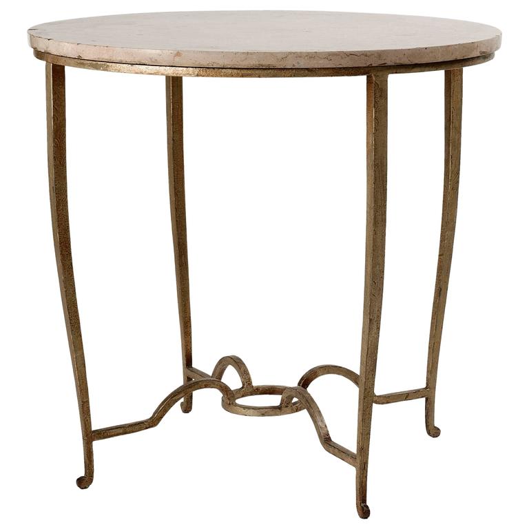 Maison Ramsay, Gilt wrought iron and travertine table, France, c. 1945 For Sale