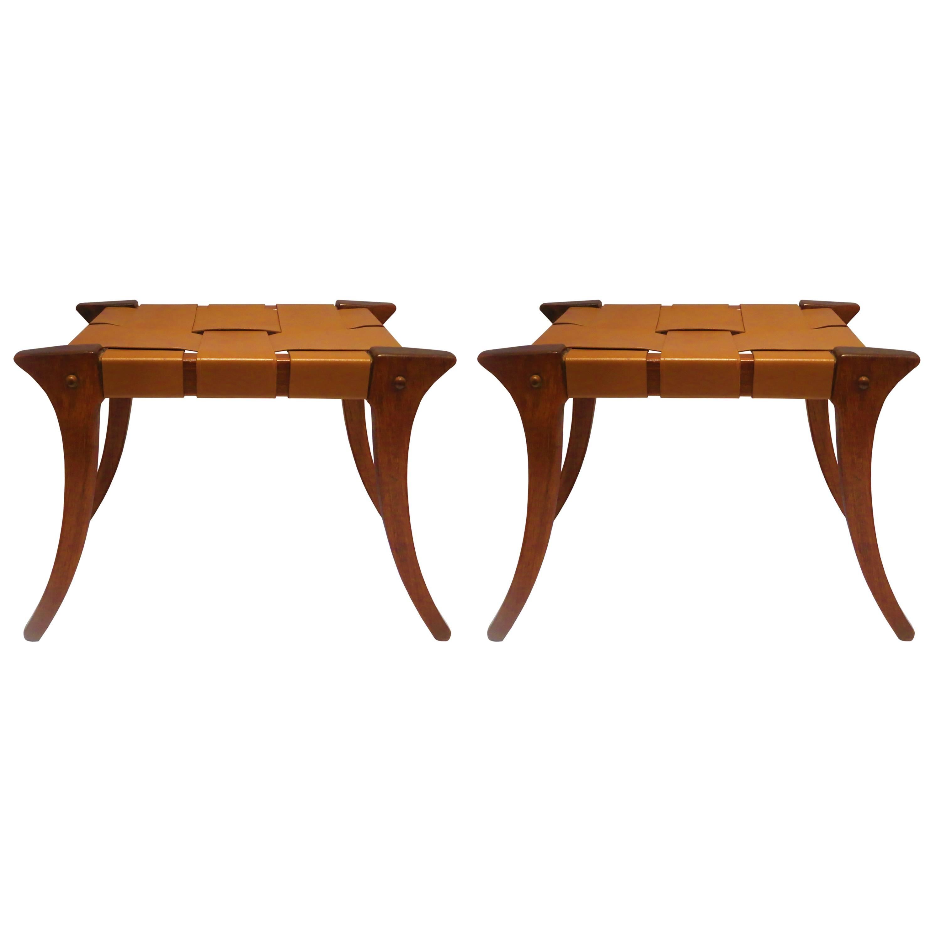 1970s Pair of Matching Klismos Style Benches in Leather Straps