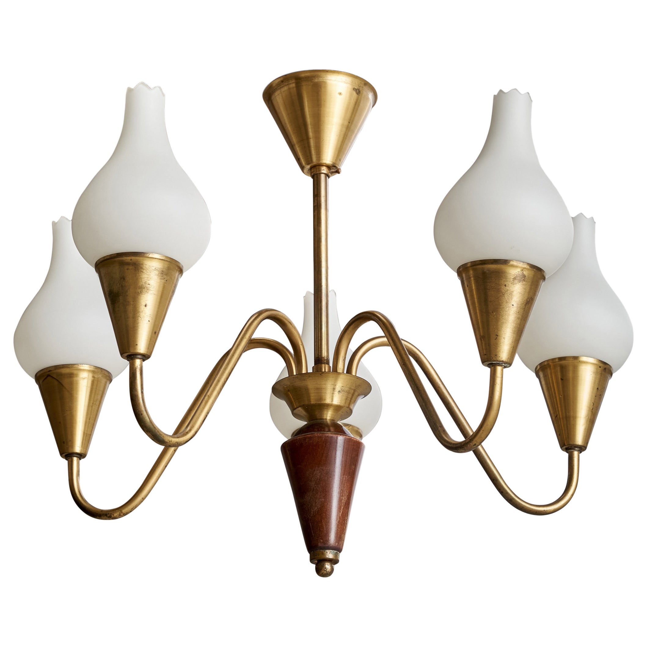 Swedish Designer, Chandelier, Brass, Glass, Wood, Sweden, 1940s