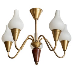 Swedish Designer, Chandelier, Brass, Glass, Wood, Sweden, 1940s