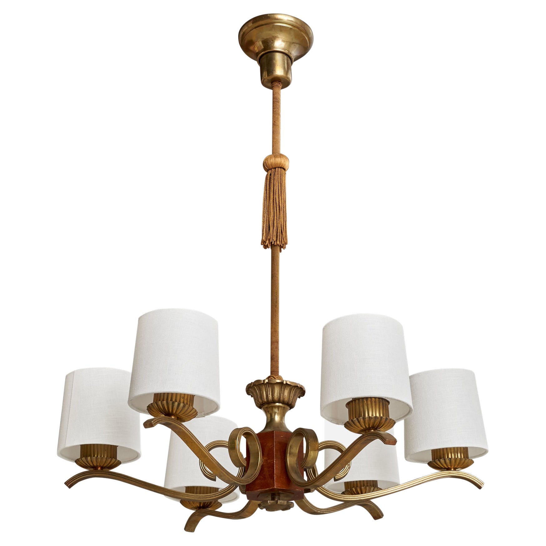 Schwedischer Designer, Kronleuchter, Messing, Holz, Stoff, Schweden, 1930er Jahre