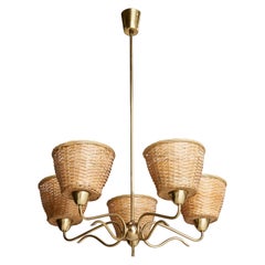 Designer austriaco, lampadario, ottone, rattan, Austria, anni '50
