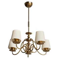 Lampadario di design svedese, ottone, tessuto, Svezia, anni '1940