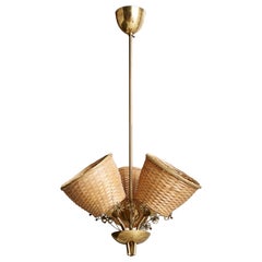 Vintage Finnish Designer, Chandelier, Brass, Rattan, Finland, 1940s