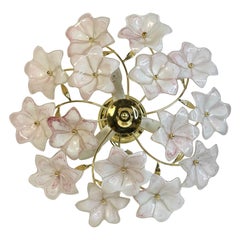 Lustre encastré vintage de Murano avec fleurs en verre blanc et rose des années 1970