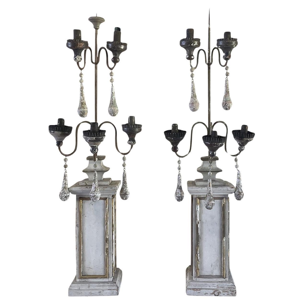 Pareja de Candelabros de Madera de Pino Franceses del Siglo XIX - Palos Antiguos