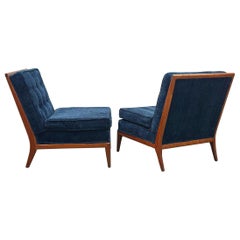 PAIR Midcentury Walnut Slipper Chairs - Blue Velvet - After TH Robsjohn Gibbings