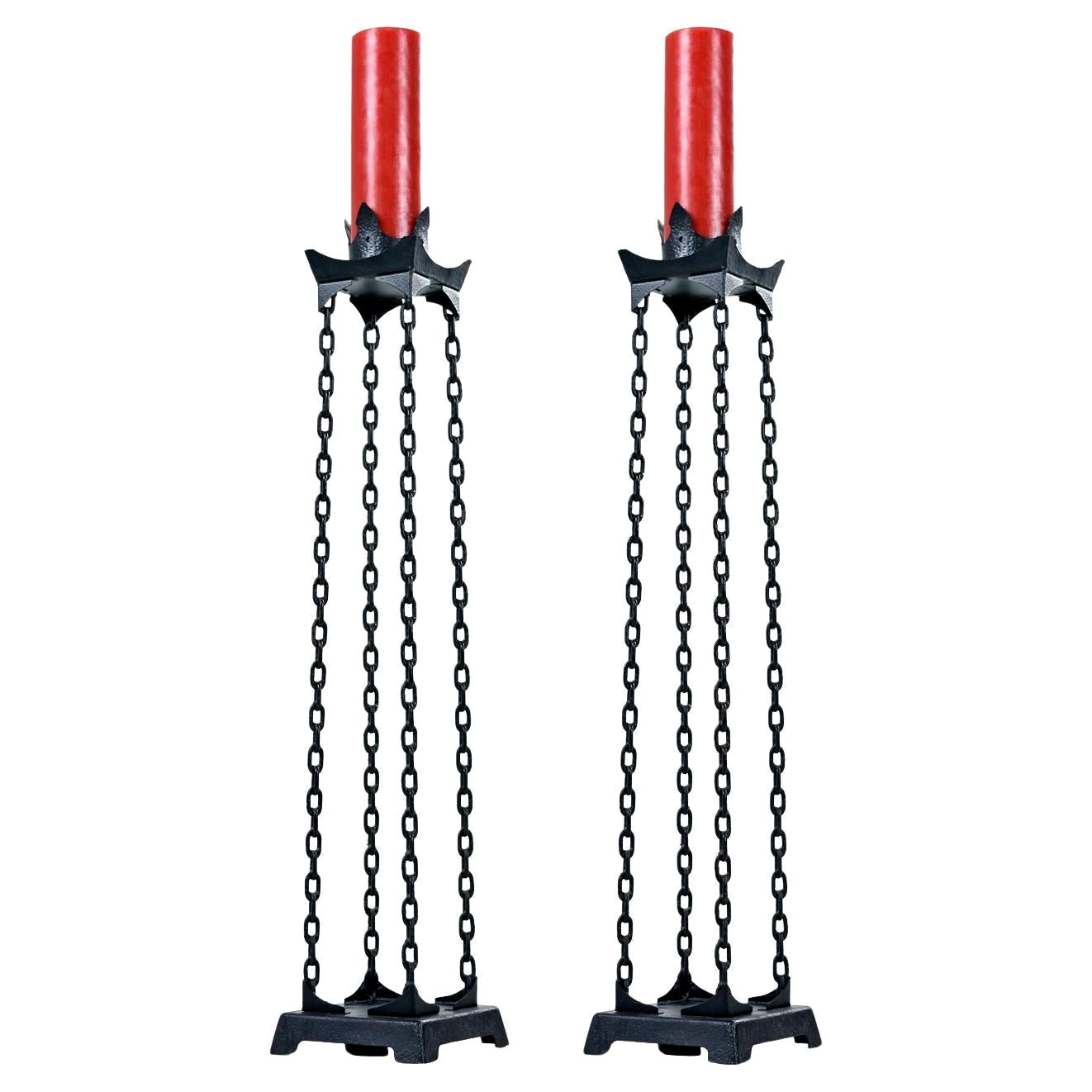 Pair of Gothic Metal Chain Link Torchiere Floor Standing Candle Holders For Sale
