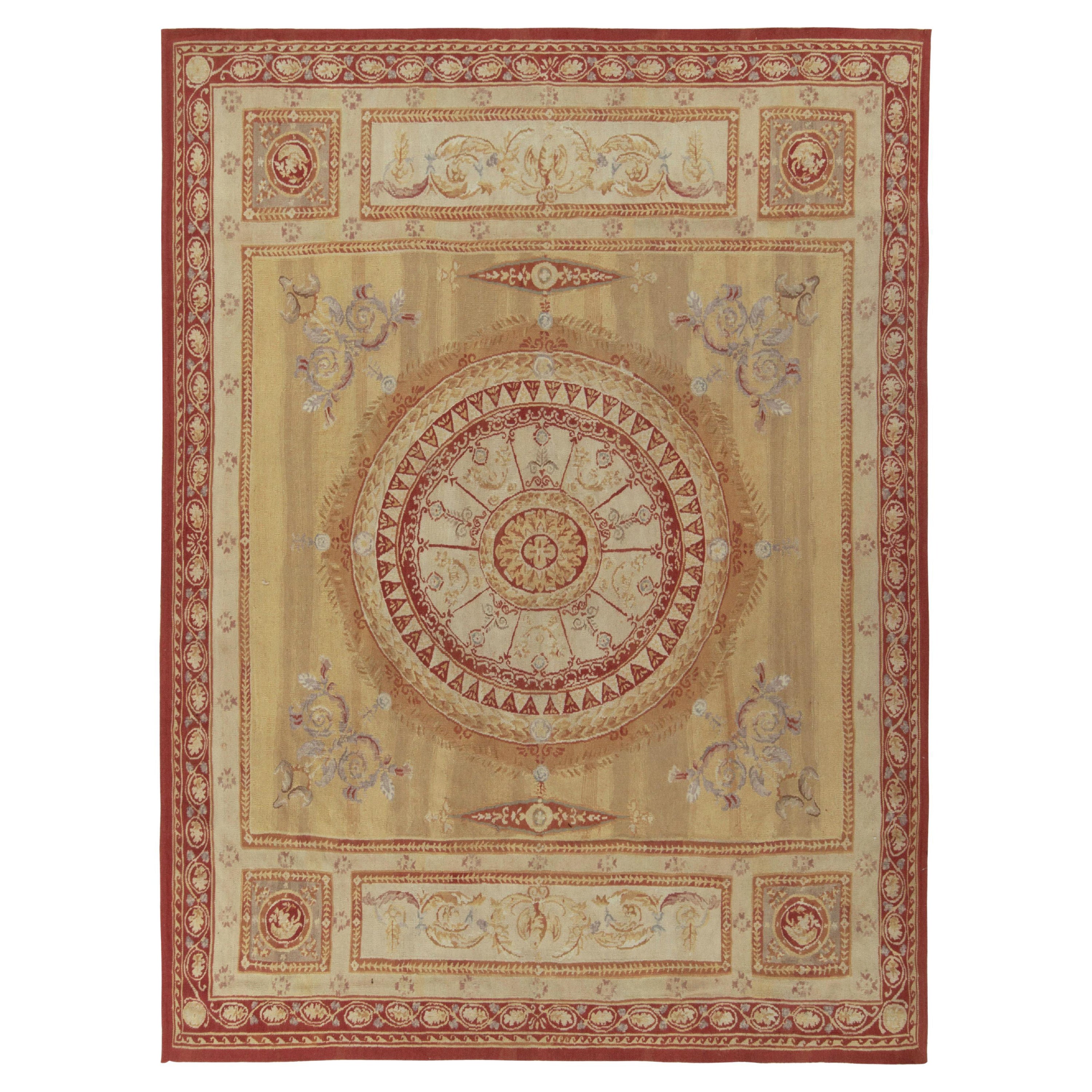 Rug & Kilim's Aubusson Style Flatweave Rug in Beige-Brown, Red Floral Medallion