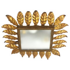 Vintage Spanish Sunburst Leafed Crown Ceiling Light Fixture, Gilt Iron and Frosted Glass