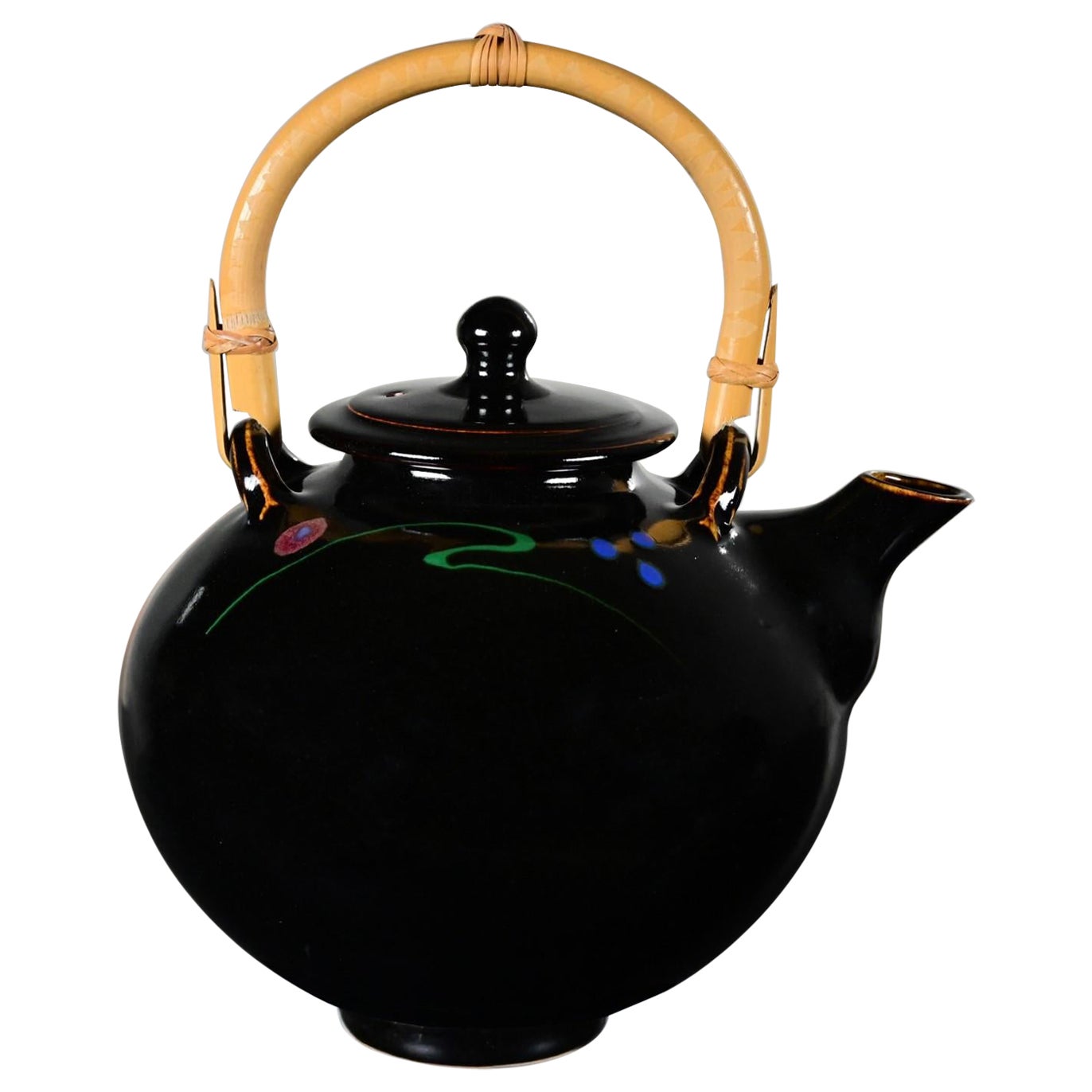 Late 20th Century Contemporary Asian Dark Brown Glazed Ceramic Teapot Rattan Hdl For Sale