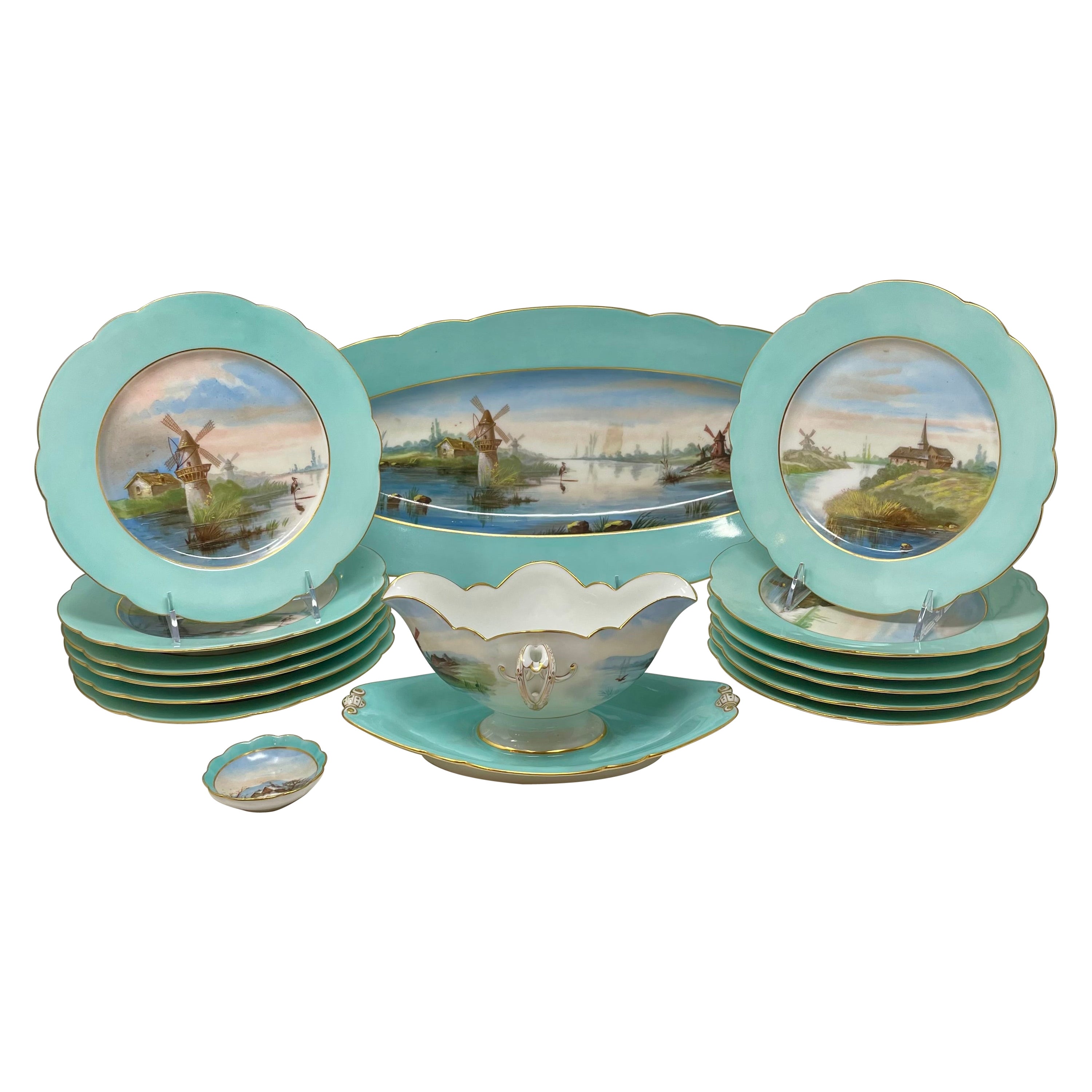Juego de 15 Peces de Porcelana Antigua Continental Azul Aqua y Dorada, Circa 1890.