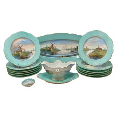 Set of 15 Antique Continental Aqua Blue and Gold Porcelain Fish Set, Circa 1890.