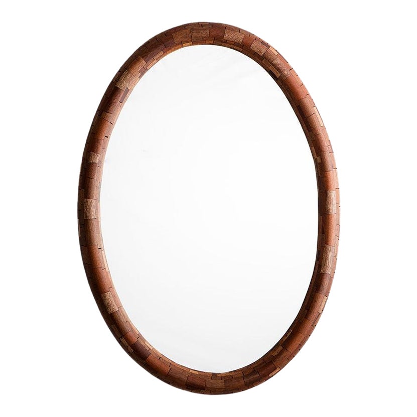 Customizable STACKED Wooden Oval Mirror, shown in Walnut and a Half Dome Profile