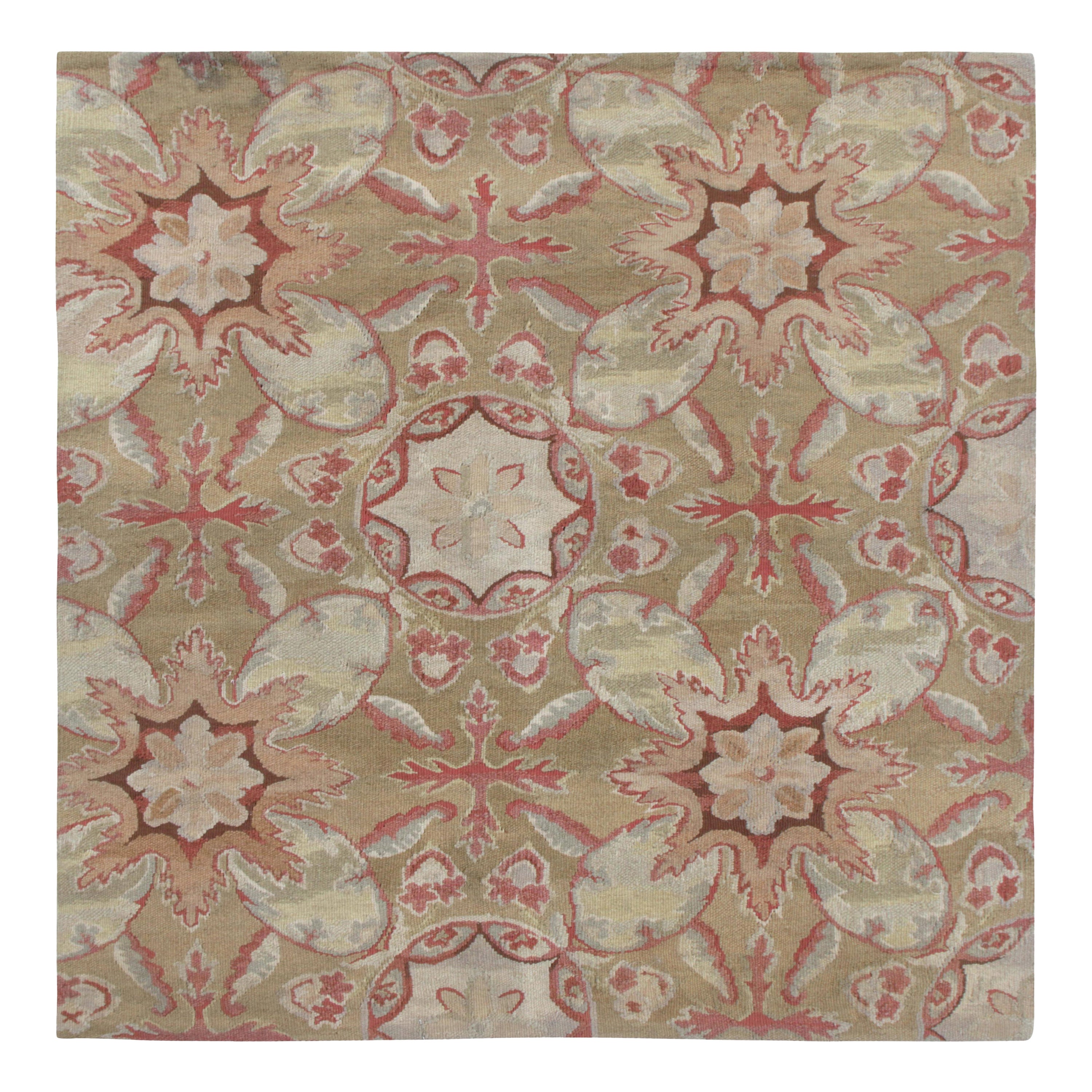Rug & Kilim’s Aubusson Flat Weave Style Rug, Beige-Brown, Pink Floral Pattern
