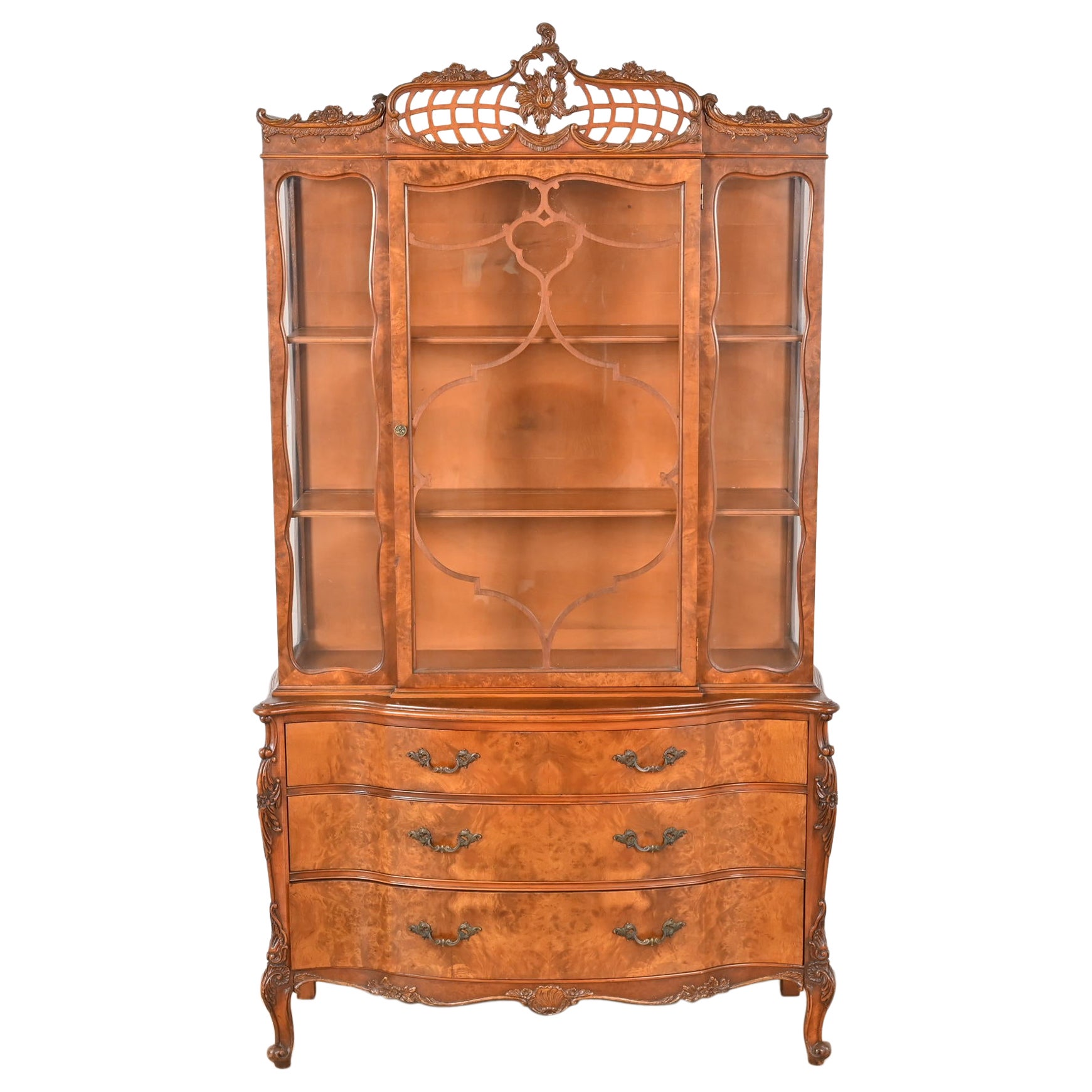 Romweber French Provincial Louis XV Burl Wood Breakfront Bookcase Cabinet, 1940s