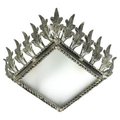 Vintage Sunburst Leafed Crown Ceiling Light Fixture, Silvered Iron and Frosted Glass