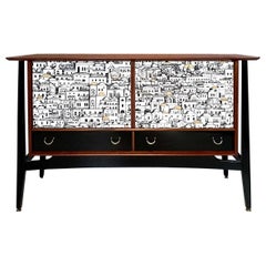 E Gomme Teak And Zebrano Wood Sideboard With Fornasetti Decoupage 1950'S