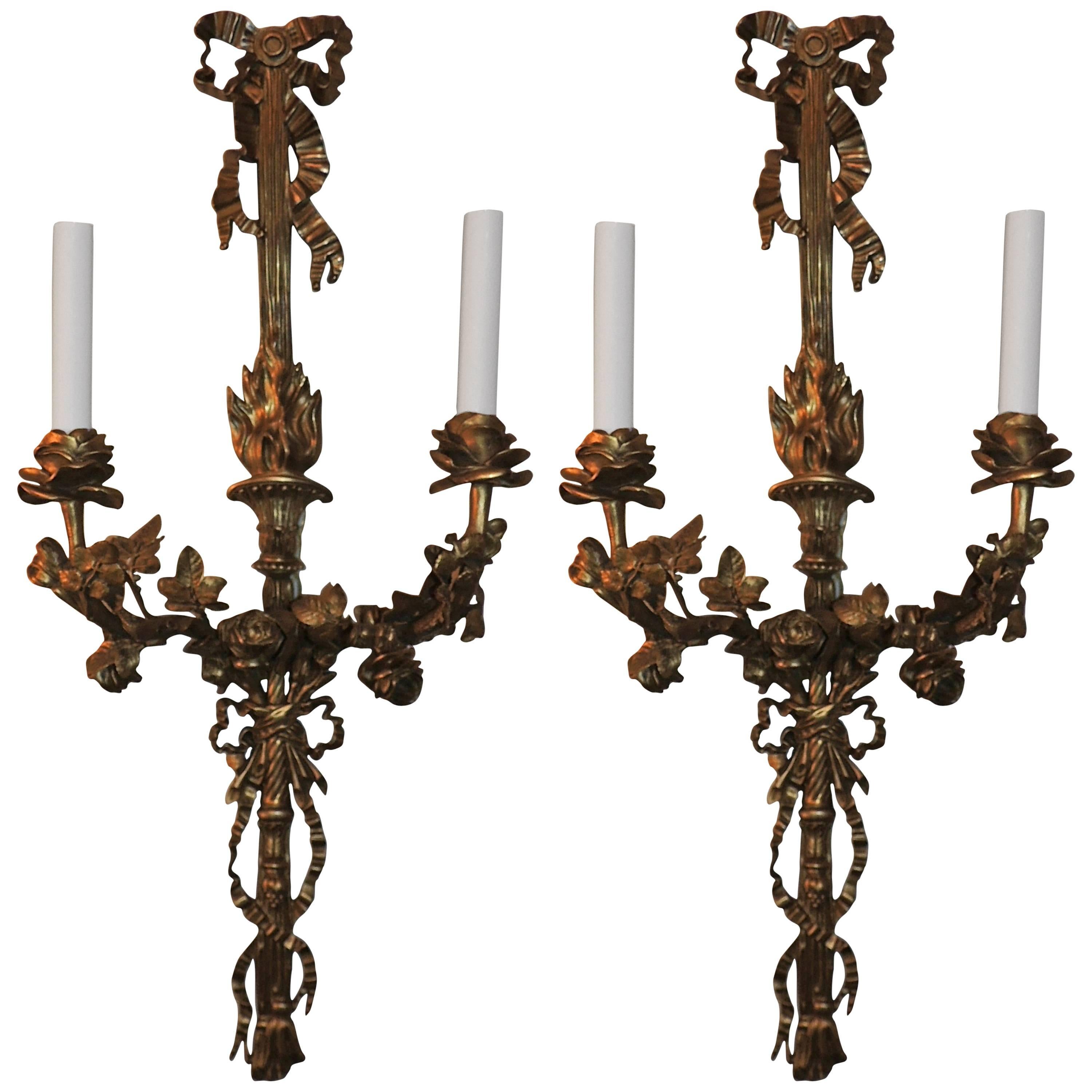 Wonderful French Pair of Gilt Bronze Two-Arm Bow Top Ribbon Sconces with Roses For Sale