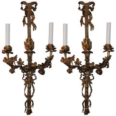 Antique Wonderful French Pair of Gilt Bronze Two-Arm Bow Top Ribbon Sconces with Roses