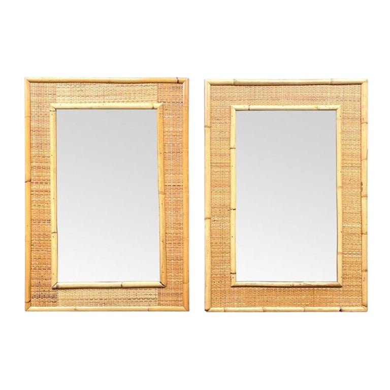 A pair of large Italian 1970s bamboo and woven rattan mirrors by Dal Vera