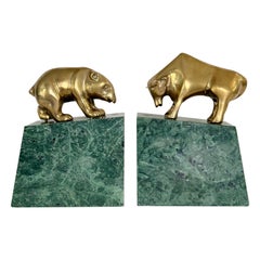 Vintage Green Marble and Brass Bull & Bear of Wall Street Bookends – a Pair