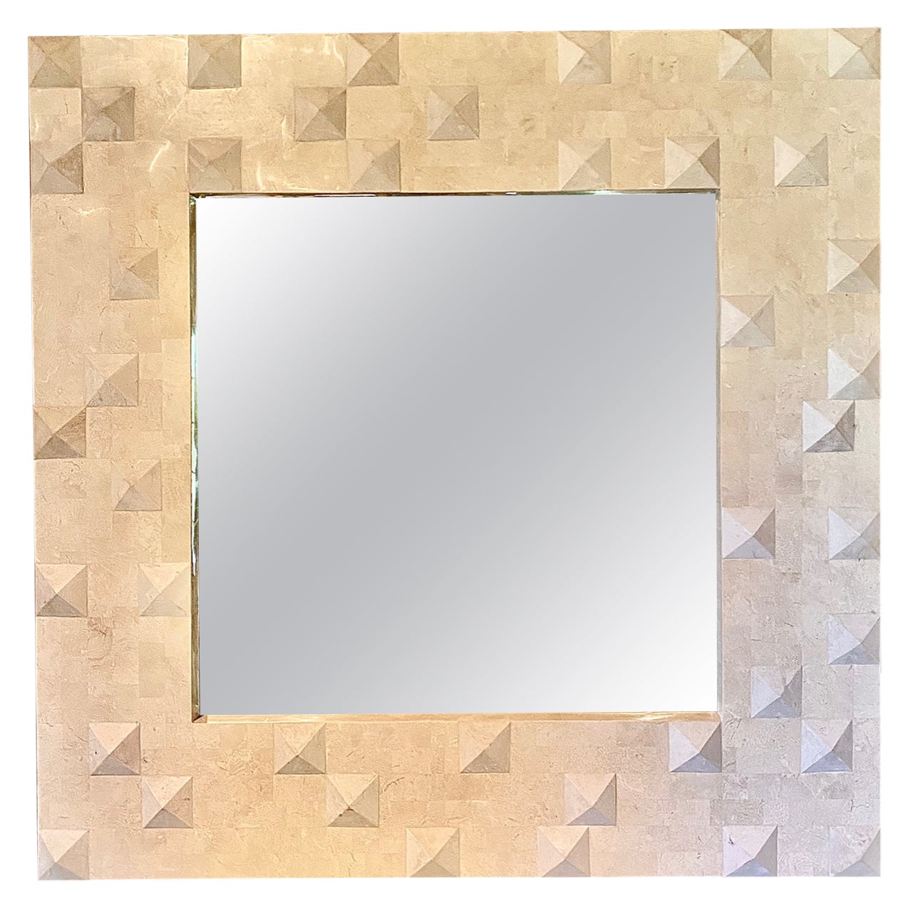 Modernist Geometric Fossil Stone Mirror by Oggetti For Sale