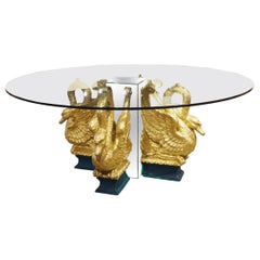 Table de salle à manger ou de centre en verre et cygnes dorés français des années 1960 Coll. Claude Montana