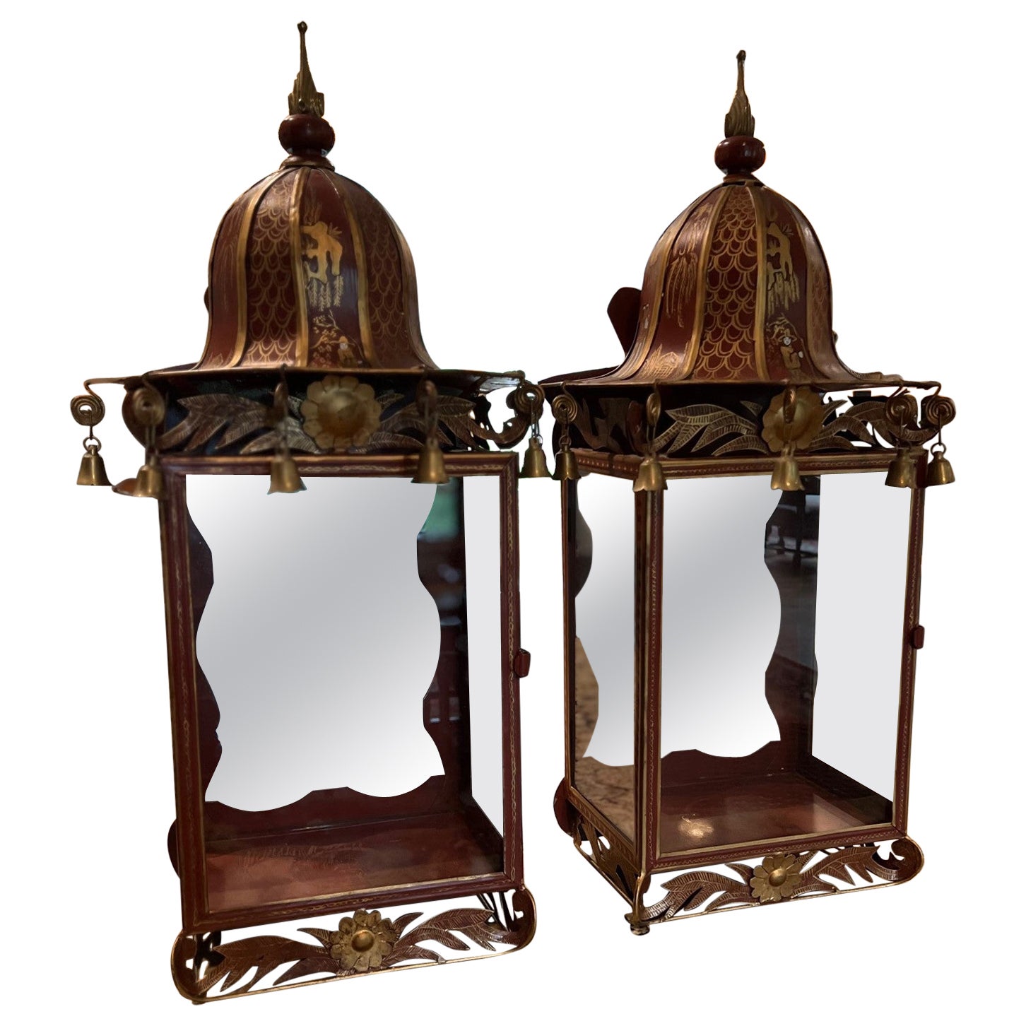 Pair of English Regency Style Chinoiserie Tôle Peinte Wall Lanterns