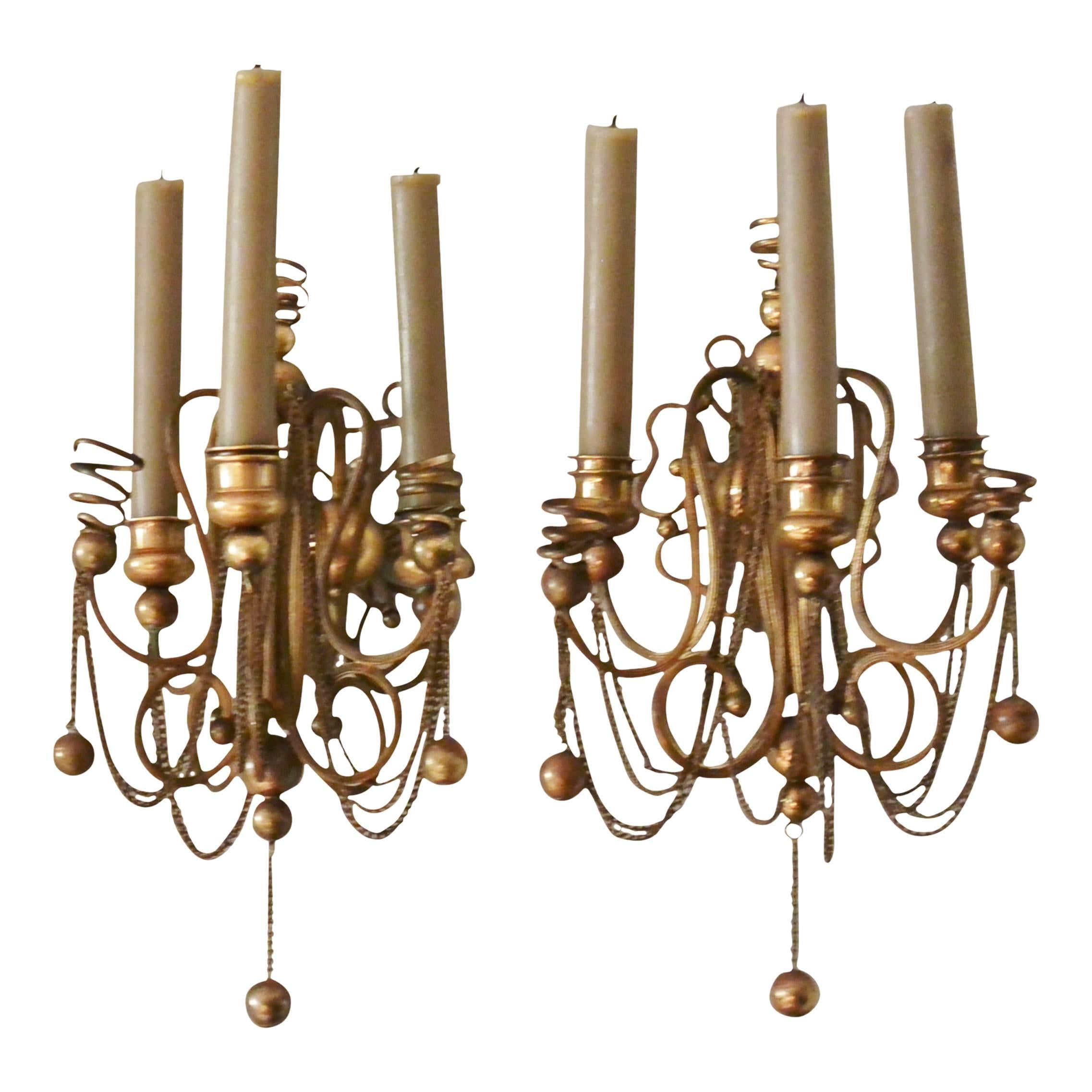 Continental Brass Ball and Chain Candle Sconces For Sale