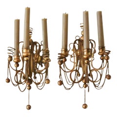Antique Continental Brass Ball and Chain Candle Sconces