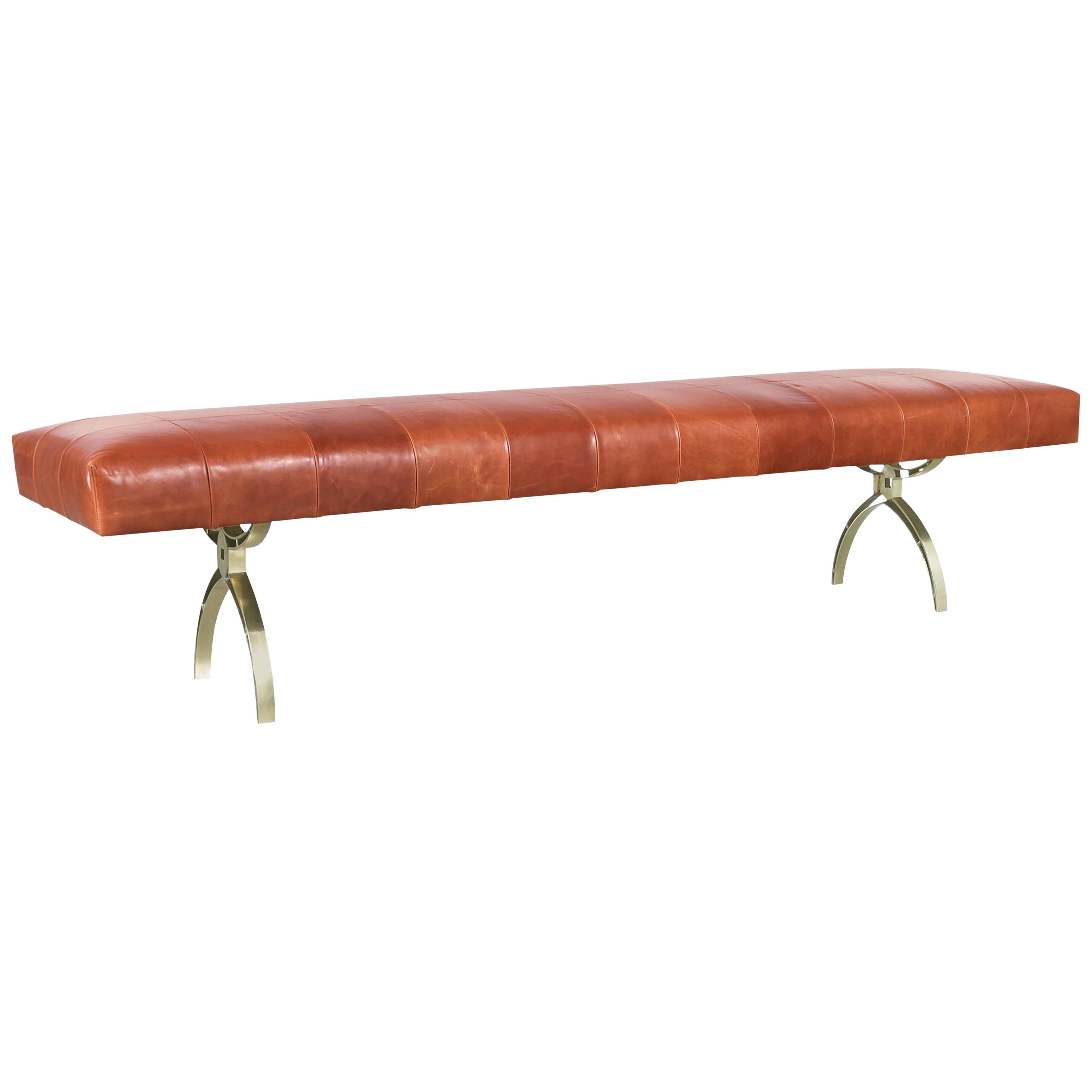 Vintage Leather and Brass Bench