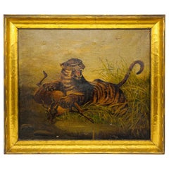 19th Century, "Tiger Feast" French School Oil on Canvas