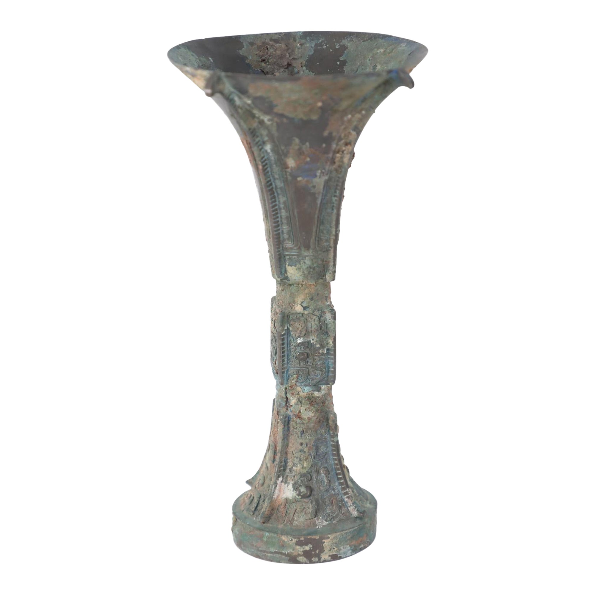 Chinese Han Dynasty Style Patinated Bronze Fluted Wine Goblet For Sale
