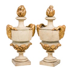 Pair of Italian Neo-classic Parcel Gilt Painted Wood Flame Finial Decorative Urn