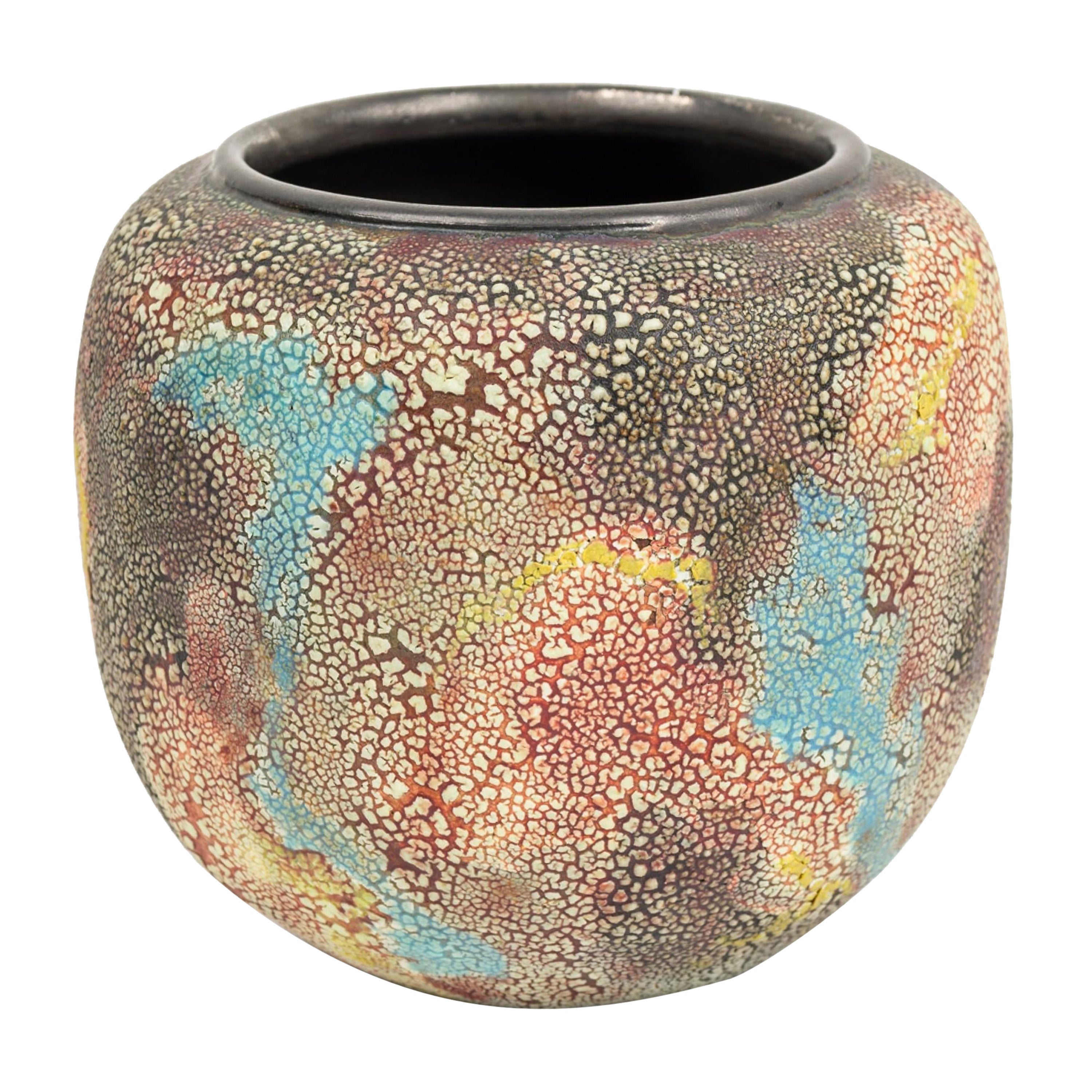 Gary DiPasquale Contemporary Multi-Colored Vase with Bark Texture and Black Rim