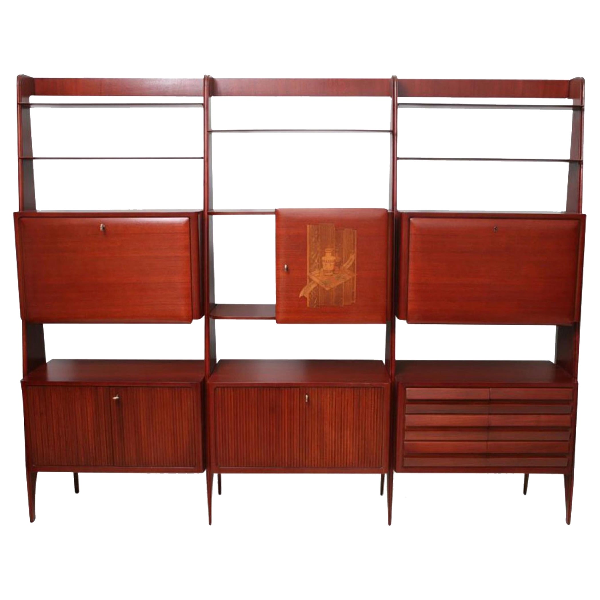 Rara librería alta italiana moderna de caoba en venta