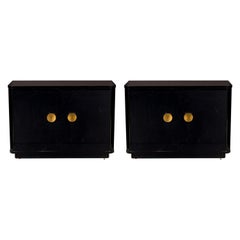 Pair of Contemporary Black Lacquered Low Breakfront Cabinets