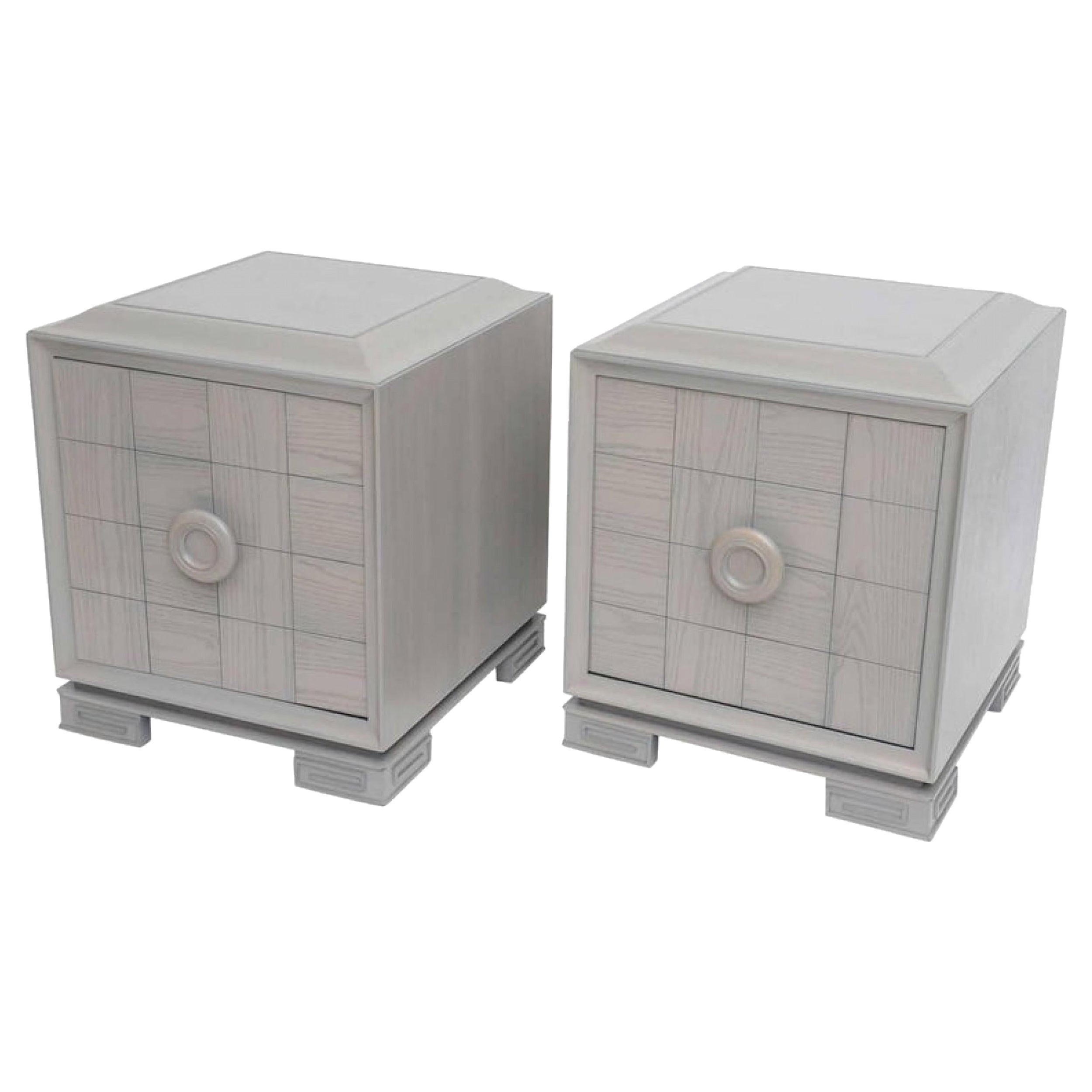 Pair of American Modern Cerused Oak Grey Cabinets, Attributed to James Mont