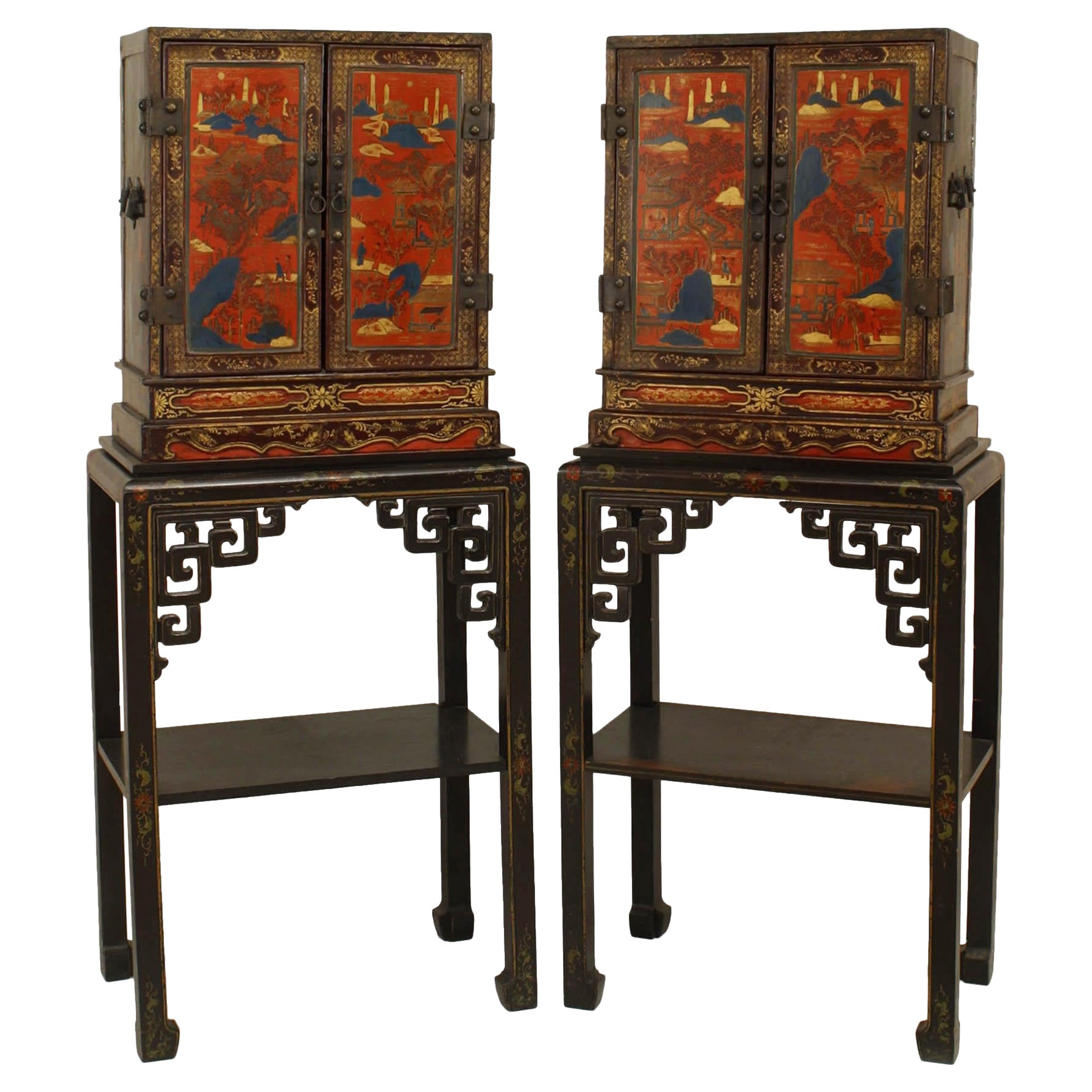 Pair of Chinese Decorated Lacquered Cabinets
