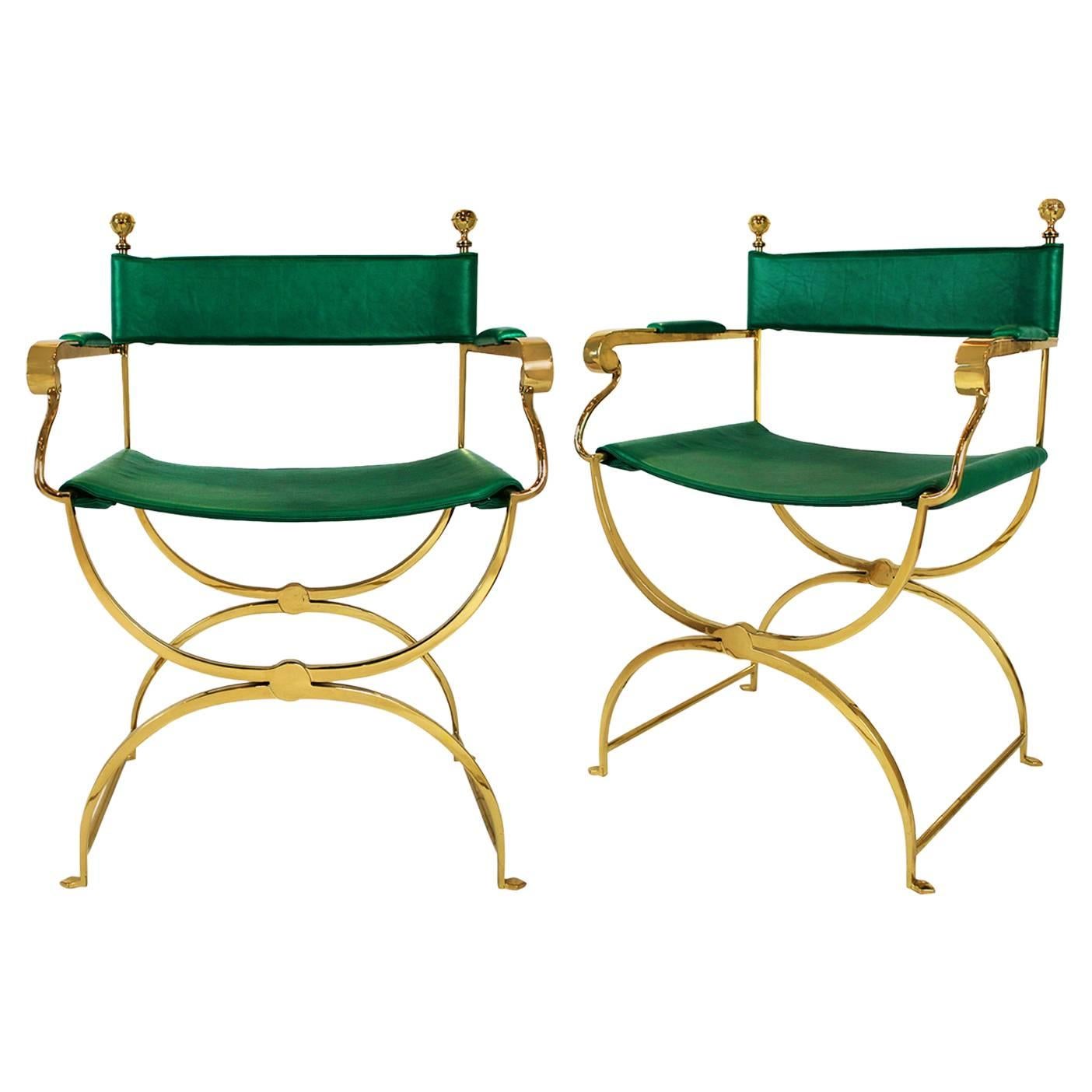 Valenti Pair of Savonarola Chairs Brass Frame, circa 1980