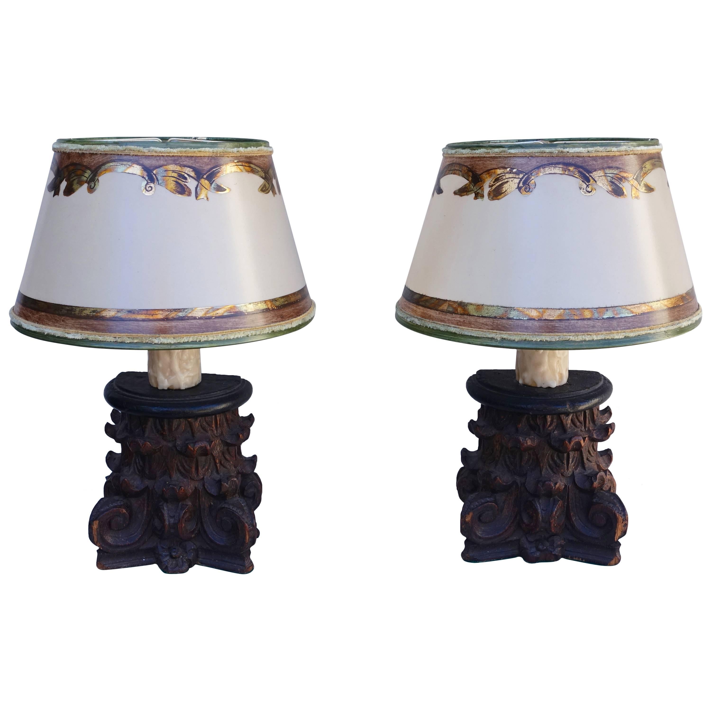Carved Italian Capital Lamps with Parchment Shades