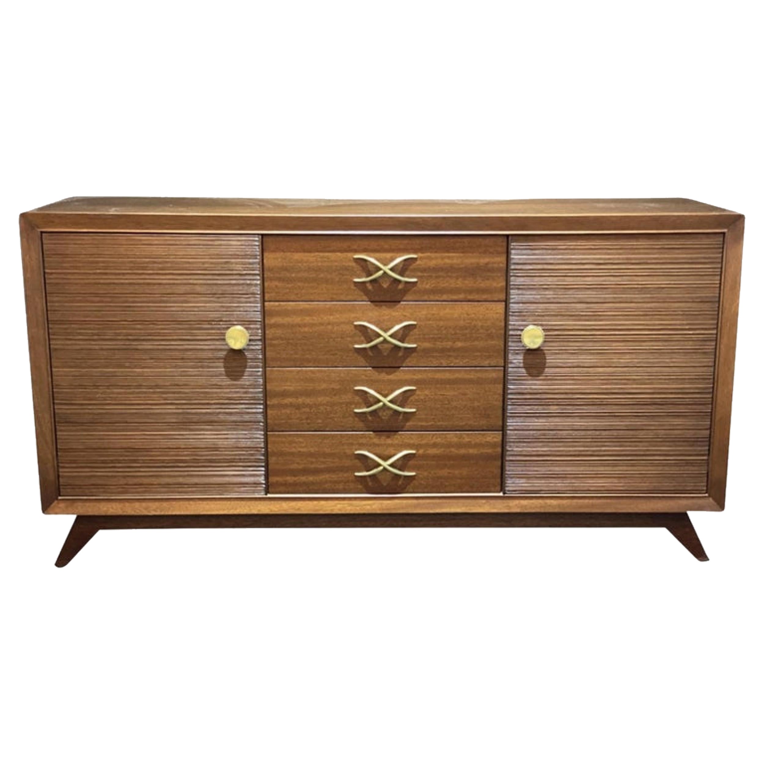 Credenza moderna americana in noce scuro e ottone, Paul Frankl