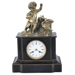 French Victorian Ebonized Allegorical Mantel Clock with Bronze Putti with Swan