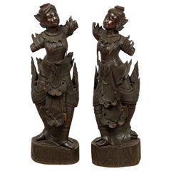 Pair of Burmese Carved Wooden Dancing Figures
