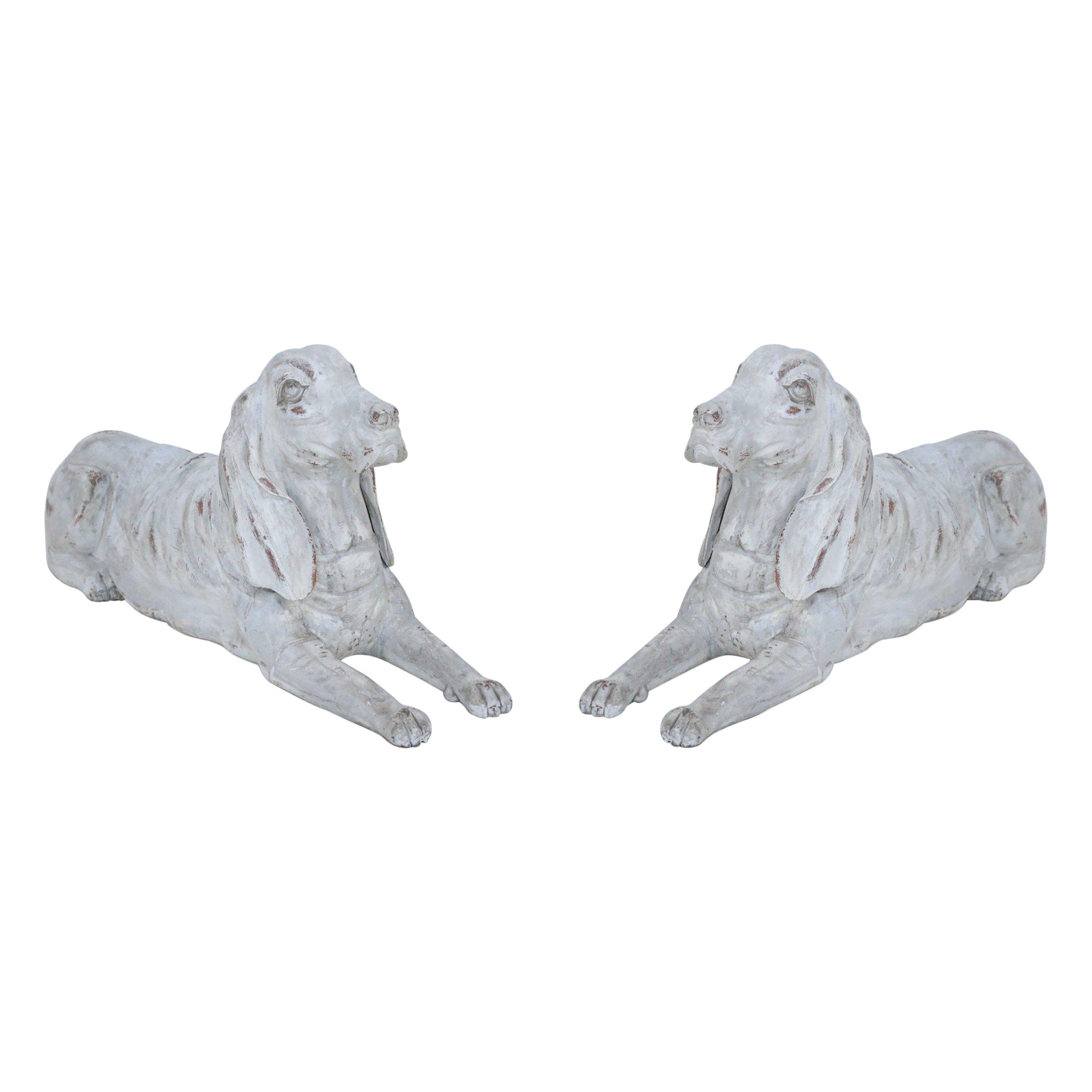 Pair of Chinese Carved Whitewashed Wooden Dog Statues