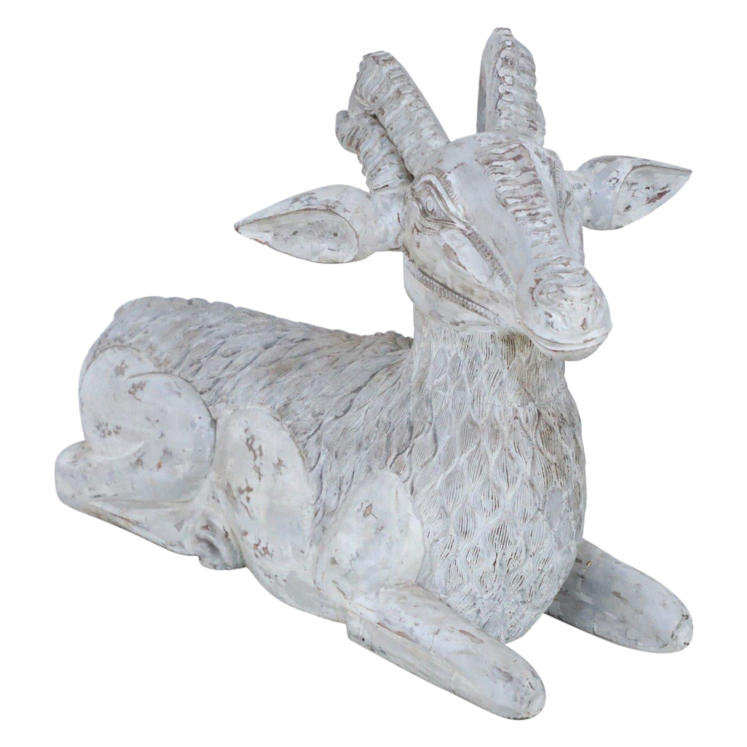 Chinese Carved Whitewashed Wooden Ram Statue