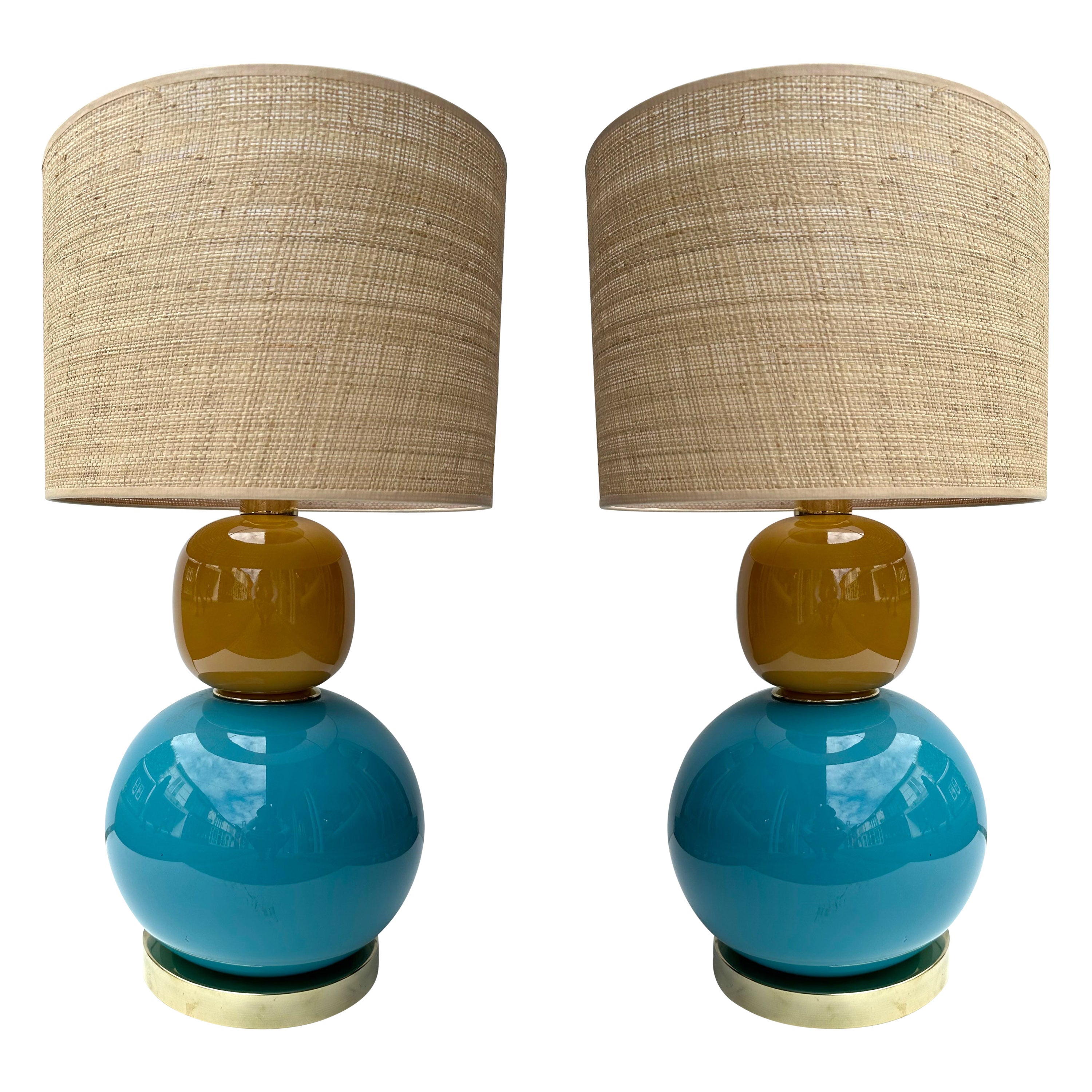 Contemporary Pair of Brass and Colored Bulb Murano Glass Lamps, Italy