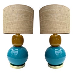 Contemporary Pair of Brass and Colored Bulb Murano Glass Lamps, Italy